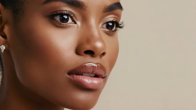 A woman with a captivating expression, looking off to the side. She has makeup applied, including lipstick and mascara, which accentuates her features.