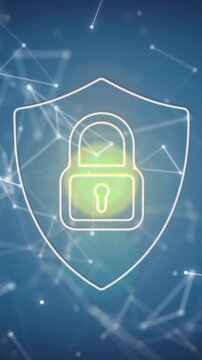 Animation of network of connections and data processing with padlock icon on blue background