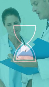 Animation of hourglass icon over diverse doctors