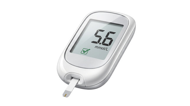 Blood Glucose Meter Displaying 5.6: A modern blood glucose meter sits ready for use, its screen displaying a reading of 5.6 mmol/L, indicating health monitoring.
