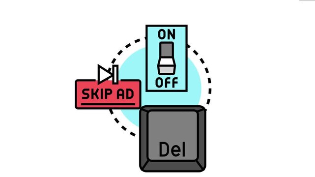 Cancel button and delete key concept, featuring a toggle switch for onoff functions and a red skip ad button, depicting different ways to stop or remove actions in digital interfaces