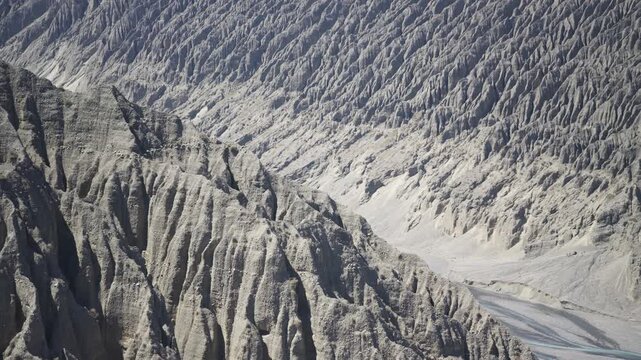 Aerial View of Dushanzi Grand Canyon and Kuitun River in Xinjiang: Winding River, Geological Formations, Mudstone Strata along Duku Highway