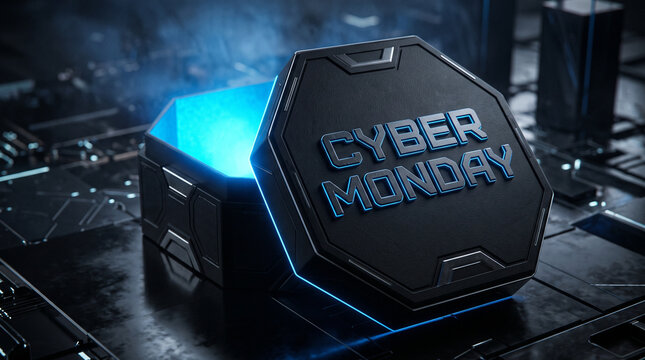 Futuristic cyber monday box with neon glow in a high-tech environment