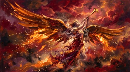 Fototapeta premium angel raising a golden trumpet amid flames and wings