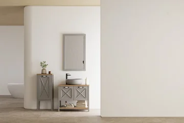 Fotobehang Japandi Bathroom interior modern minimalist vanity grey cabinet curved wall architecture design empty room  © leymandesign