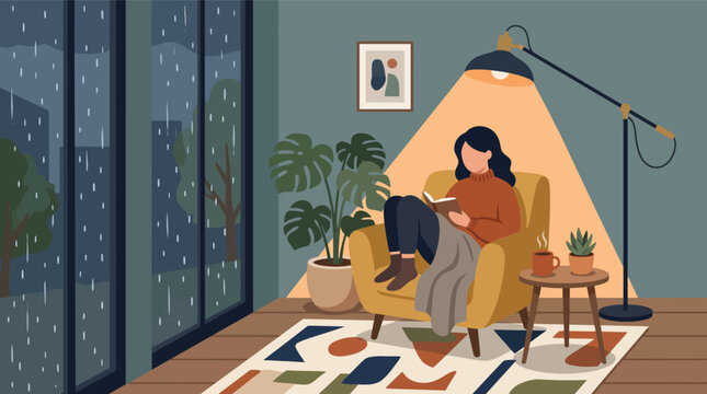 Woman sitting in a chair reading a book on a rainy night