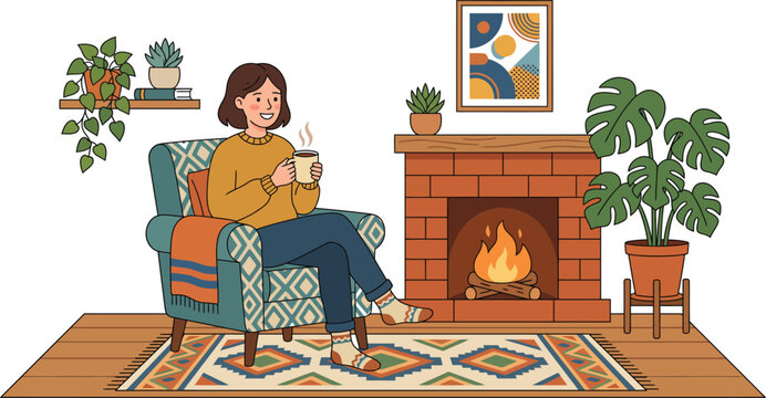 Woman sitting in armchair drinking coffee by the fireplace