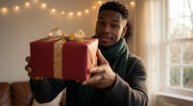 Man holding a red Christmas gift with a gold bow, smiling warmly in a cozy, softly lit living room setting.