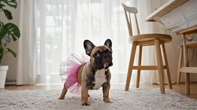 A small pug dog wearing a pink ballet tutu and dancing shoes.