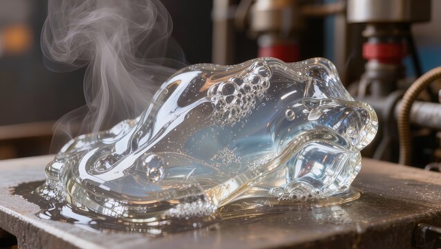 Hot molten glass glowing with air bubbles on an industrial workshop table, showcasing glass manufacturing, glassblowing craftsmanship, and high-temperature metallurgy