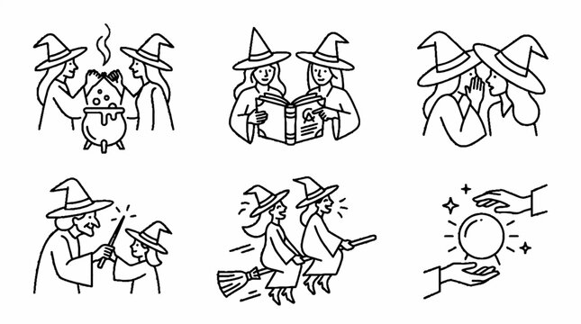 A collection of six line art illustrations depicting various magical witch activities.