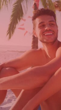 Sitting on beach, couple relaxing under palm tree with china flag animation overlay