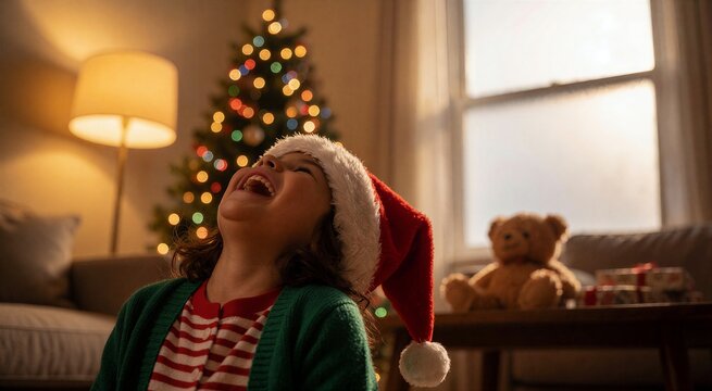 Joyful moment of a child opening presents on Christmas morning, captured with a low-angle shot highlighting pure happiness.