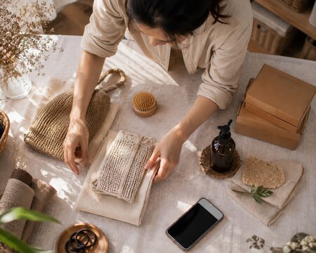 Small business owner arranging products for ecommerce flat lay photography