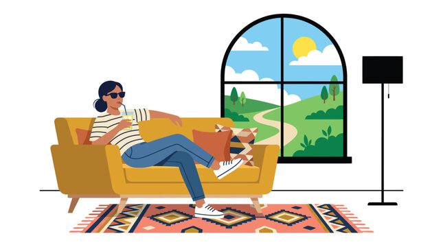 Woman relaxing on a sofa in a bright living room