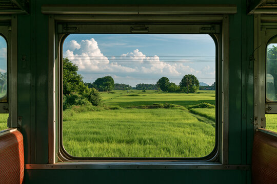 Scenic view of a lush green rice field from a train window