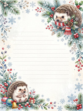 Christmas hedgehog with scarf ornaments and snowflakes lined page template for diary