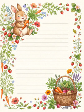 Bunny with carrot vegetables and flowers lined page template for diary