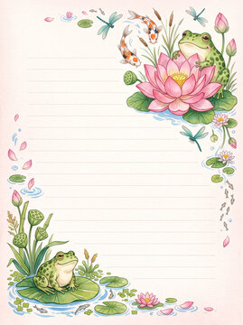 Frog on lily pad with lotus koi fish and dragonfly lined page template for diary