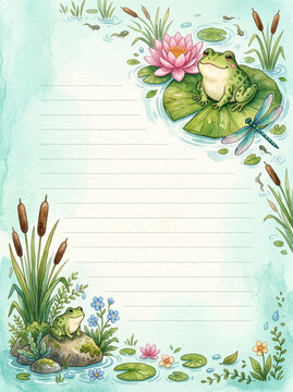 Frog on lily pad with water lily and dragonfly lined page template for diary