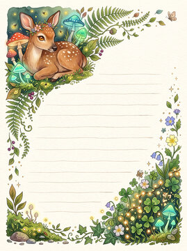 Magical fawn with glowing mushrooms and clover lined page template for diary