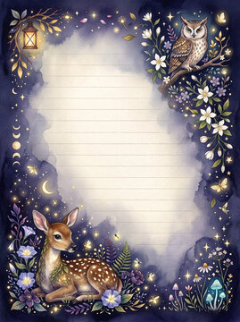 Magical night forest fawn and owl with lantern lined page template for diary