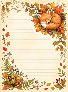 Sleeping fox with autumn leaves acorns and mushrooms lined page template for diary