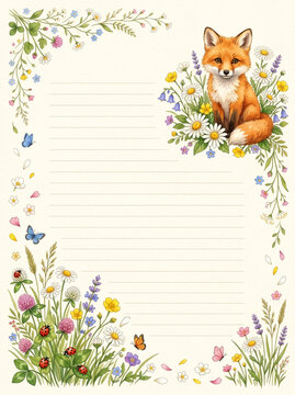 Fox with wildflowers and butterflies lined page template for diary