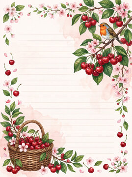 Cherry blossom and basket lined page template for diary or letter writing