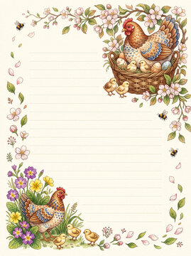 Hen with chicks in basket with blossoms and bees lined page template for diary
