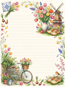Dutch tulip garden with windmill bicycle and clogs lined page template for diary