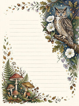 Magical forest owl and mushroom lined page template for diary or letter writing