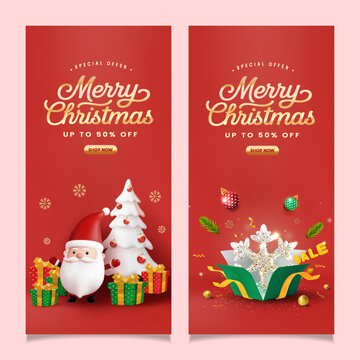 3D Christmas Sale Vertical Banner Set with Santa and Gift Box