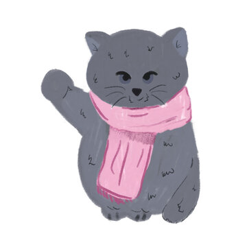 Cute gray cat wearing a pink knitted scarf waving hello, hand drawn winter illustration