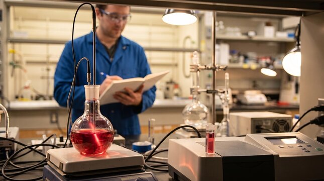 Scientist taking notes in a laboratory with red liquid in a glass flask on a hot plate