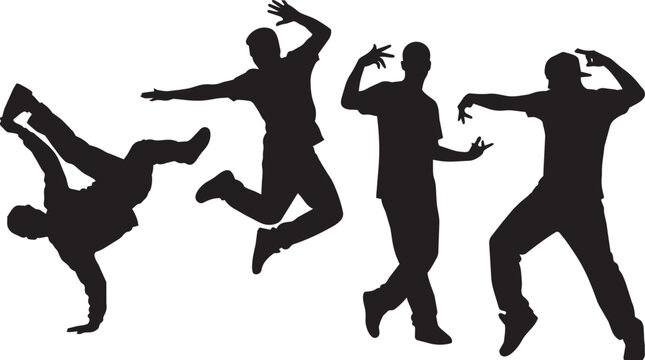 Street Dancers Silhouette Set with Breakdance and Jump Poses

Set of four black silhouettes of street dancers in dynamic hip-hop poses, including a breakdance headspin,