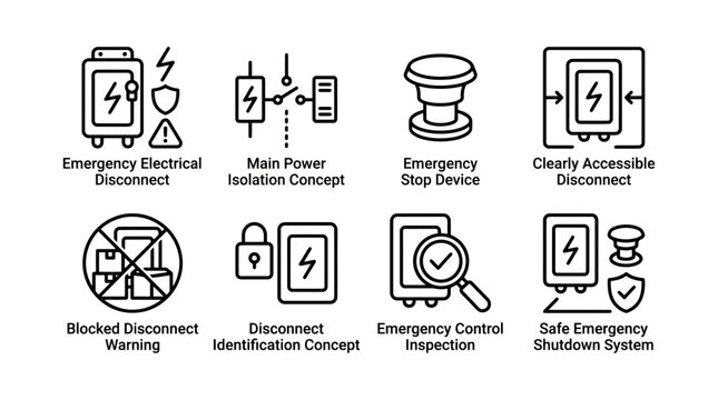 Emergency electrical disconnect vector icons set displaying industrial power isolation safety symbols and maintenance shut down procedures for manufacturing systems
