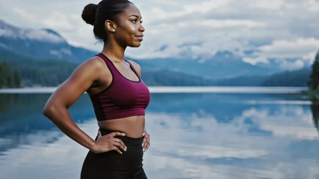 A woman in a sports bra and leggings poses with her hands on her hips, looking out over a lake surrounded by mountains.