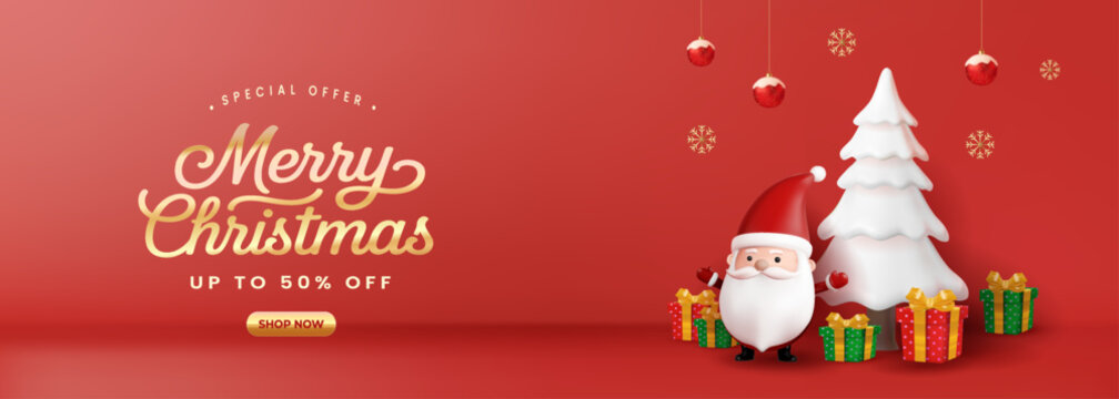 3D Christmas Sale Banner with Santa Claus and Gifts