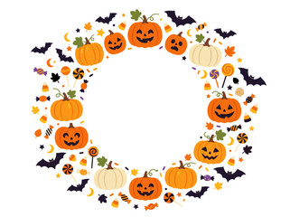 Fototapeta premium Whimsical Halloween frame with pumpkins, bats, and candy elements