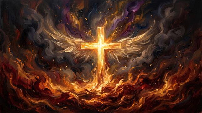 radiant cross emerging from rising flames