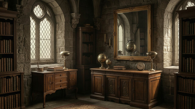 Mysterious Gothic Library Interior with Antique Furniture and Mirror