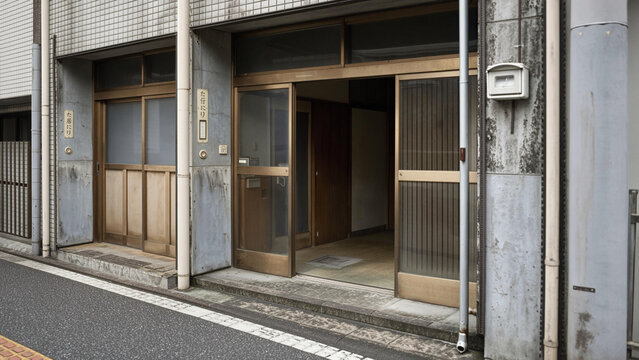 Entrance of an Old Japanese Building on a Quiet Urban Street