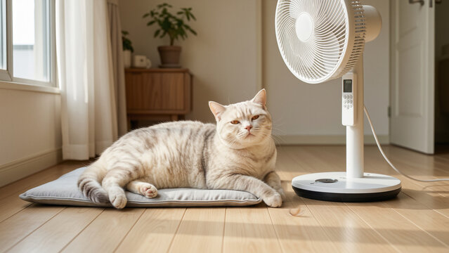 Cat Relaxing in Front of an Electric Fan at Home
