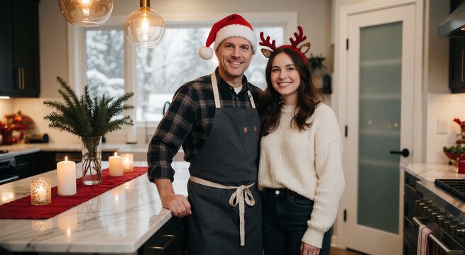 Couple preparing Christmas dinner in a bright, modern kitchen setting with festive holiday cheer and warm lighting.