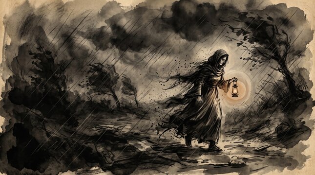 robed woman walking through a storm carrying a lantern