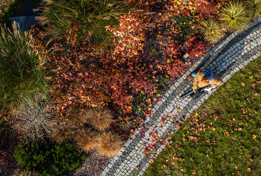 A gardener walking with Leaf Blower