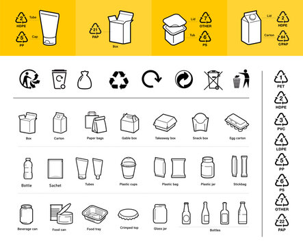 Separating plastic waste icon set for infographic, for eco-education, sustainability content and waste management guides. The outline vector icons are well scalable, editable. EPS10.