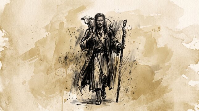 shepherd carrying a lamb on his shoulders along a path