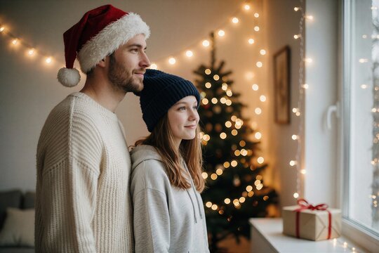 Holiday Christmas breakfast moment featuring a father and daughter admiring the festive glow of a decorated Christmas tree indoors.